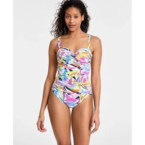 Bleu Rod Beattie Tropical Abstract Ruched One Piece Swimsuit Multi Color Sz 8